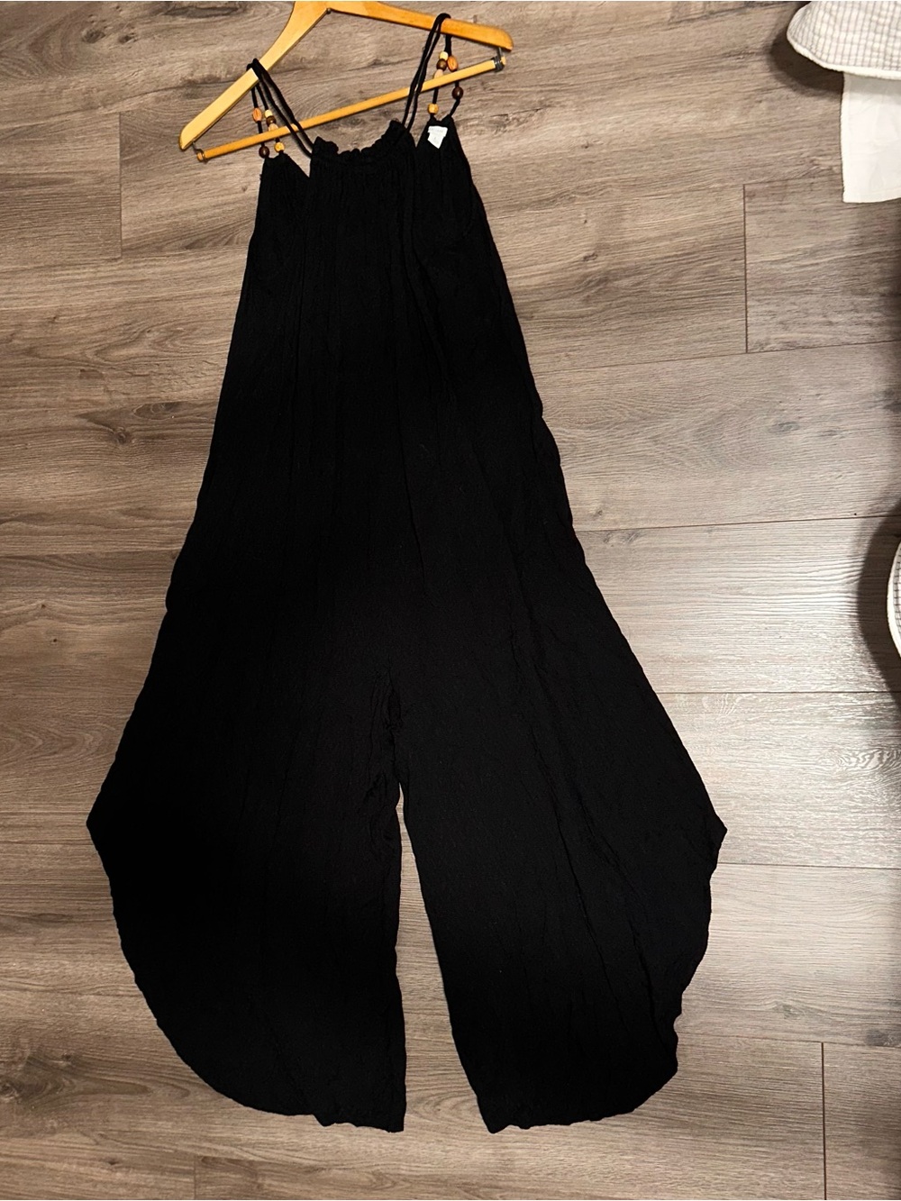 Black Wide-Leg Smocked Jumpsuit Size Large with Spaghetti Straps Harem Style